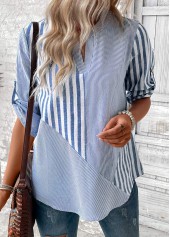 Dusty Blue tops,Striped tops,Geometric tops,ROTITA Split Striped Dusty Blue 3/4 Sleeve Blouse