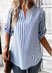 Dusty Blue tops,Striped tops,Geometric tops,ROTITA Split Striped Dusty Blue 3/4 Sleeve Blouse