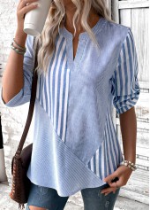 Dusty Blue tops,Striped tops,Geometric tops,ROTITA Split Striped Dusty Blue 3/4 Sleeve Blouse