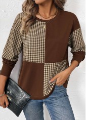 Rotita Patchwork Plaid Dunkelkaffee Rundhals Langarm Sweatshirt