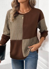 Dark Coffee tops,Geometric tops,Plaid tops,ROTITA Patchwork Plaid Dark Coffee Round Neck Long Sleeve Sweatshirt