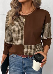 Dark Coffee tops,Geometric tops,Plaid tops,ROTITA Patchwork Plaid Dark Coffee Round Neck Long Sleeve Sweatshirt