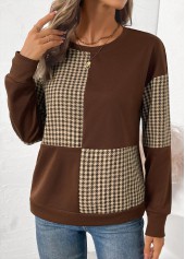 Dark Coffee tops,Geometric tops,Plaid tops,ROTITA Patchwork Plaid Dark Coffee Round Neck Long Sleeve Sweatshirt