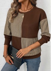 Dark Coffee tops,Geometric tops,Plaid tops,ROTITA Patchwork Plaid Dark Coffee Round Neck Long Sleeve Sweatshirt