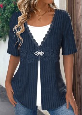 Rotita Patchwork Marine Rundhals Fake Zweiteiler Twinset