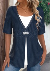 Navy tops,Plain Color tops,ROTITA Patchwork Navy Round Neck Fake Two Piece Twinset