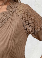 Dark Camel tops,Plain Color tops,ROTITA Embroidery Dark Camel V Neck Long Sleeve T Shirt