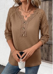 Dark Camel tops,Plain Color tops,ROTITA Embroidery Dark Camel V Neck Long Sleeve T Shirt