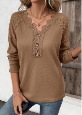 Dark Camel tops,Plain Color tops,ROTITA Embroidery Dark Camel V Neck Long Sleeve T Shirt