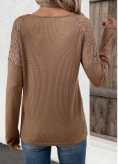 Dark Camel tops,Plain Color tops,ROTITA Embroidery Dark Camel V Neck Long Sleeve T Shirt