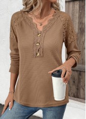 Dark Camel tops,Plain Color tops,ROTITA Embroidery Dark Camel V Neck Long Sleeve T Shirt