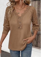 Dark Camel tops,Plain Color tops,ROTITA Embroidery Dark Camel V Neck Long Sleeve T Shirt