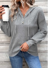 Dark Grey tops,Plain Color tops,Patchwork Dark Grey Hooded Long Sleeve Sweater