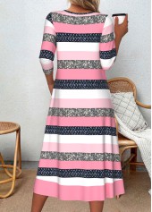 Pink dresses,White dresses,Striped dresses,Geometric dresses,Everyday dresses,Casual dresses,ROTITA Patchwork Striped Pink A Line Scoop Neck Dress