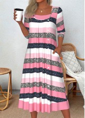 Pink dresses,White dresses,Striped dresses,Geometric dresses,Everyday dresses,Casual dresses,ROTITA Patchwork Striped Pink A Line Scoop Neck Dress