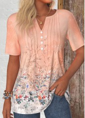 t-shirt à col fendu rose poussiéreux à imprimé floral et boutons rotita