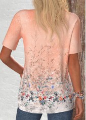 Dusty Pink tops,Floral tops,Plants tops,ROTITA Button Floral Print Dusty Pink Split Neck T Shirt