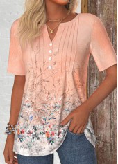 Dusty Pink tops,Floral tops,Plants tops,ROTITA Button Floral Print Dusty Pink Split Neck T Shirt