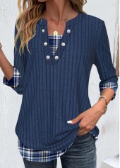 Dark Blue tops,Plaid tops,Striped tops,Geometric tops,ROTITA Patchwork Plaid Dark Blue Split Neck T Shirt