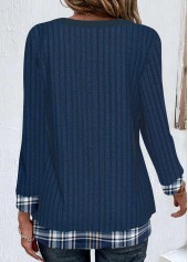 Dark Blue tops,Plaid tops,Striped tops,Geometric tops,ROTITA Patchwork Plaid Dark Blue Split Neck T Shirt