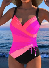 Hot Pink swimwear,Striped swimwear,Geometric swimwear,ROTITA Drawstring Hot Pink Multi Stripe Print One Piece Swimwear