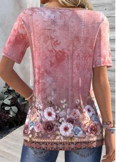 Pink tops,Floral tops,Plants tops,ROTITA Tuck Stitch Floral Print Pink Split Neck T Shirt