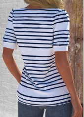 White tops,Striped tops,Geometric tops,ROTITA Asymmetry Striped White Asymmetrical Neck Short Sleeve T Shirt
