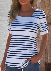White tops,Striped tops,Geometric tops,ROTITA Asymmetry Striped White Asymmetrical Neck Short Sleeve T Shirt
