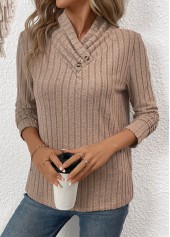 Gray Brown tops,Plain Color tops,ROTITA Surplice Button Gray Brown Long Sleeve T Shirt