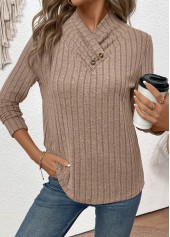 Gray Brown tops,Plain Color tops,ROTITA Surplice Button Gray Brown Long Sleeve T Shirt