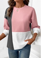 Light Pink tops,Contrast Color tops,ROTITA Patchwork Light Pink Round Neck Long Sleeve Sweatshirt