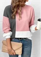 Light Pink tops,Contrast Color tops,ROTITA Patchwork Light Pink Round Neck Long Sleeve Sweatshirt