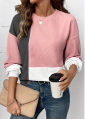 Light Pink tops,Contrast Color tops,ROTITA Patchwork Light Pink Round Neck Long Sleeve Sweatshirt