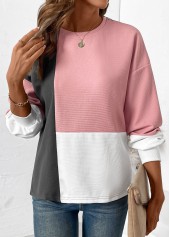 Light Pink tops,Contrast Color tops,ROTITA Patchwork Light Pink Round Neck Long Sleeve Sweatshirt