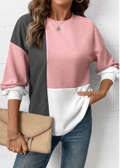 Light Pink tops,Contrast Color tops,ROTITA Patchwork Light Pink Round Neck Long Sleeve Sweatshirt