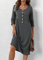 Dark Grey Marl dresses,Plain Color dresses,Everyday dresses,Casual dresses,ROTITA Button Dark Grey Marl Scoop Neck Long Sleeve Dress