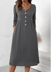 Dark Grey Marl dresses,Plain Color dresses,Everyday dresses,Casual dresses,ROTITA Button Dark Grey Marl Scoop Neck Long Sleeve Dress