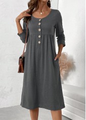 Dark Grey Marl dresses,Plain Color dresses,Everyday dresses,Casual dresses,ROTITA Button Dark Grey Marl Scoop Neck Long Sleeve Dress
