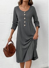 Dark Grey Marl dresses,Plain Color dresses,Everyday dresses,Casual dresses,ROTITA Button Dark Grey Marl Scoop Neck Long Sleeve Dress