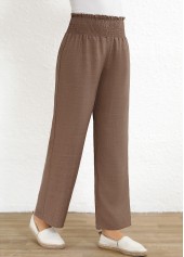 Gray Brown bottoms,Plain Color bottoms,ROTITA Smocked Gray Brown Elastic Waist High Waisted Pants