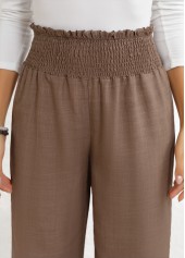 Gray Brown bottoms,Plain Color bottoms,ROTITA Smocked Gray Brown Elastic Waist High Waisted Pants