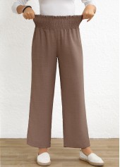 Gray Brown bottoms,Plain Color bottoms,ROTITA Smocked Gray Brown Elastic Waist High Waisted Pants