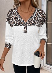 White tops,Leopard tops,ROTITA Patchwork Leopard White V Neck Long Sleeve T Shirt