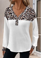 White tops,Leopard tops,ROTITA Patchwork Leopard White V Neck Long Sleeve T Shirt