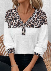 White tops,Leopard tops,ROTITA Patchwork Leopard White V Neck Long Sleeve T Shirt