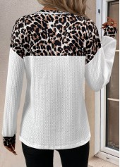 White tops,Leopard tops,ROTITA Patchwork Leopard White V Neck Long Sleeve T Shirt
