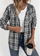 ROTITA Button Plaid Black Long Sleeve Hoodie