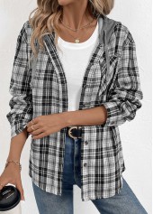 Black tops,Grey tops,Plaid tops,Striped tops,Geometric tops,ROTITA Button Plaid Black Long Sleeve Hoodie