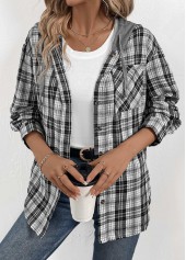 Black tops,Grey tops,Plaid tops,Striped tops,Geometric tops,ROTITA Button Plaid Black Long Sleeve Hoodie