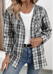 Black tops,Grey tops,Plaid tops,Striped tops,Geometric tops,ROTITA Button Plaid Black Long Sleeve Hoodie